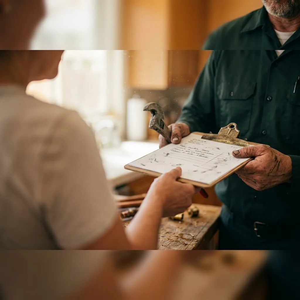 Plumbing technician handing a homeowner a written estimate