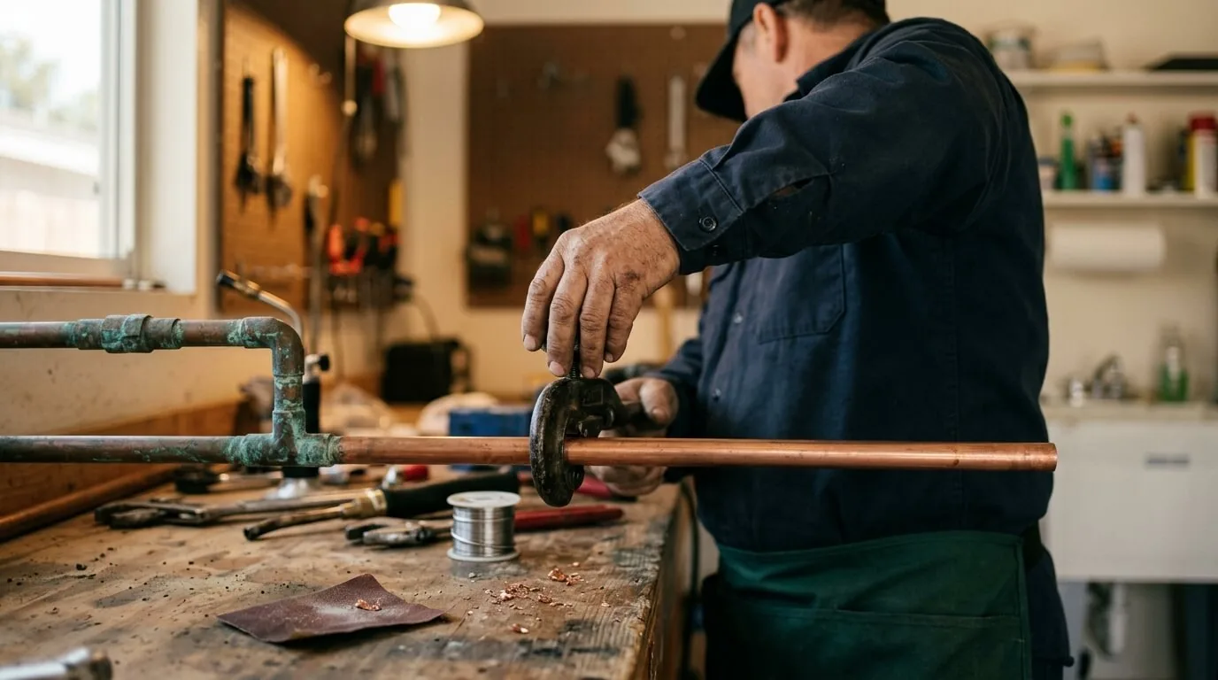 Plumbing technician fitting a copper pipe at the workbench