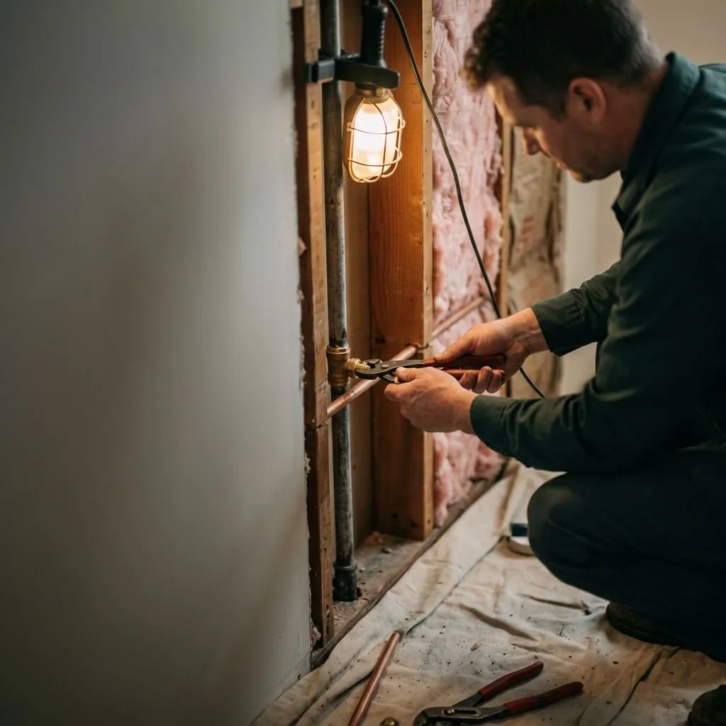 Plumber repairing pipes inside an opened wall cavity