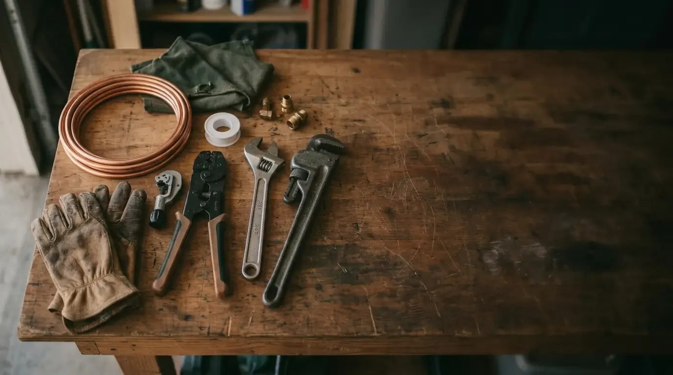 Plumbing tools laid out on a worn wooden workbench